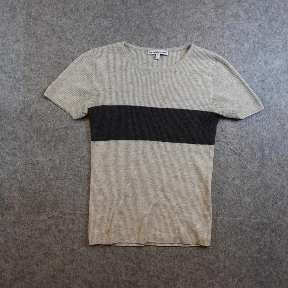 The Cashmere Project Top Women Small Gray Navy Ribbed Short Sleeve Crew Neck